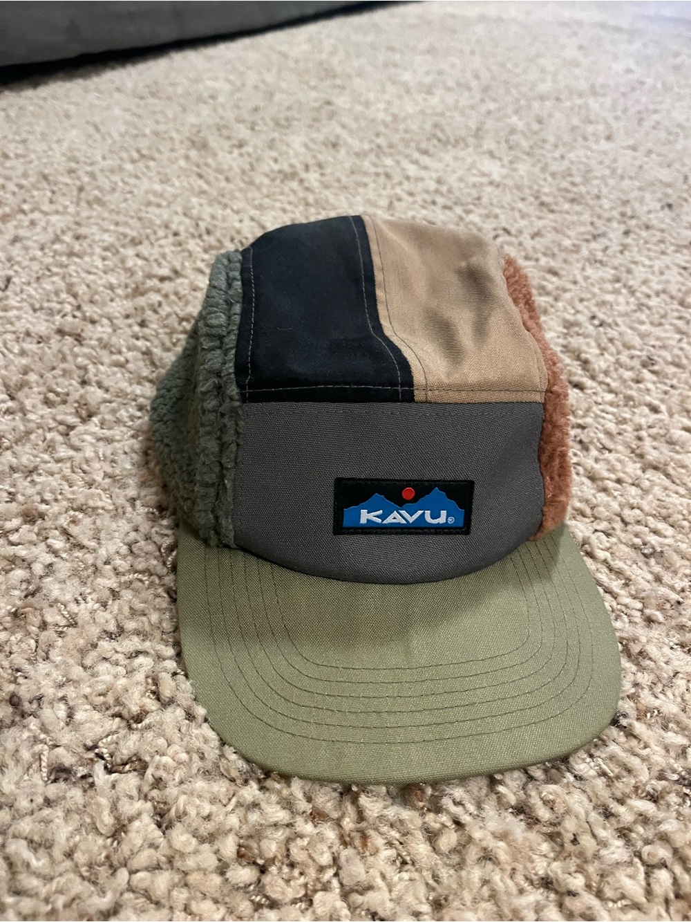 Kavu Multicolor Patchwork Sherpa 5-Panel Cap - Olive, Gray, Tan, Black
